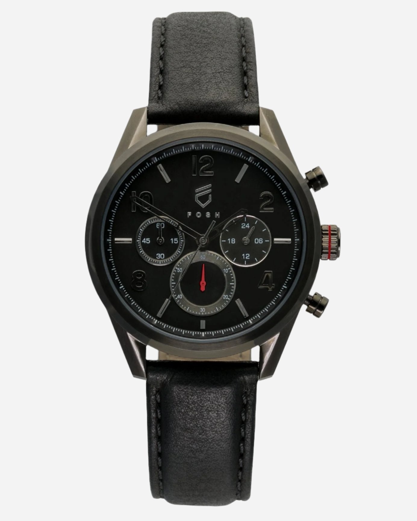 Black stainless steel chronograph watch with red second hand accents and interchangeable black leather strap 