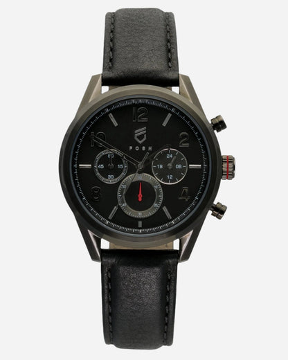 Black stainless steel chronograph watch with red second hand accents and interchangeable black leather strap 