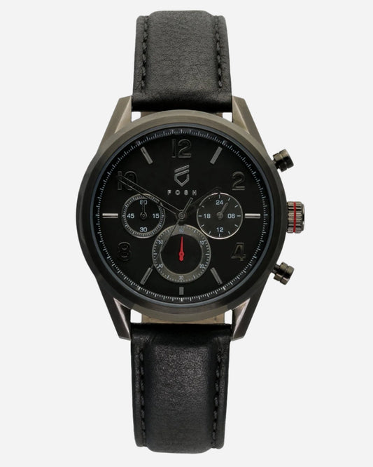 Black stainless steel chronograph watch with red second hand accents and interchangeable black leather strap 